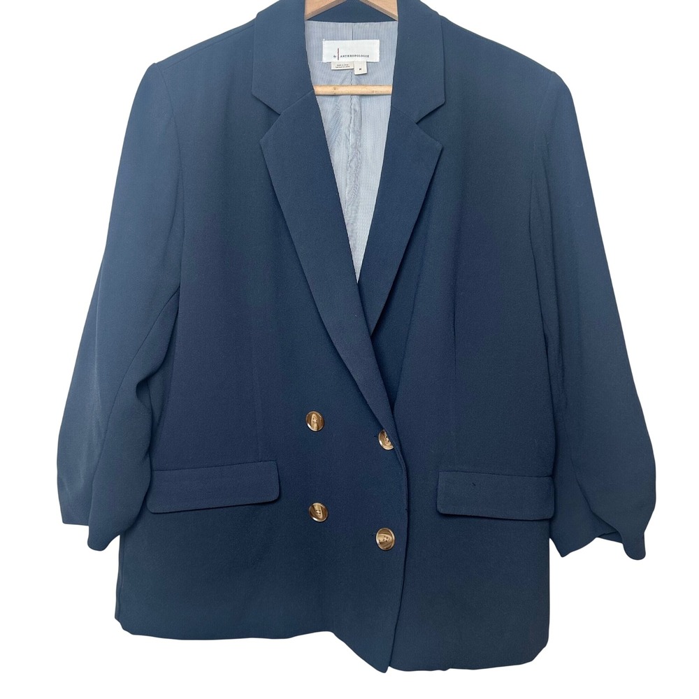 Anthropologie Blazer Women's M Double Breasted Navy Blue Cinched Sleeve Career